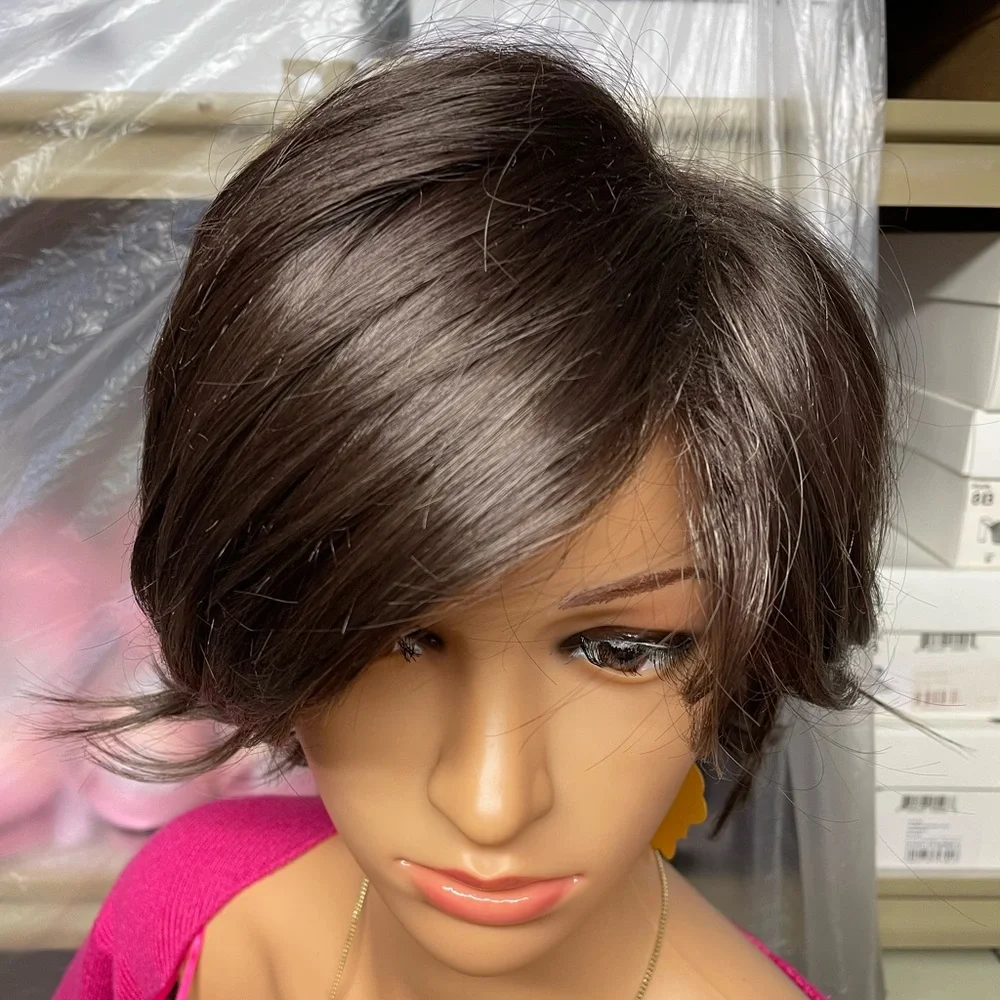 NWT dark brown wig deep side part medium brunette wavy natural real short hair
